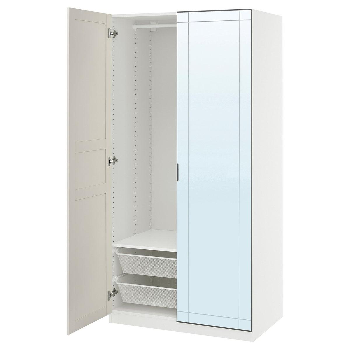 PAX / KAMMARTORP/FLISBERGET wardrobe combination, white mirror glass/grey white, 100x60x201 cm