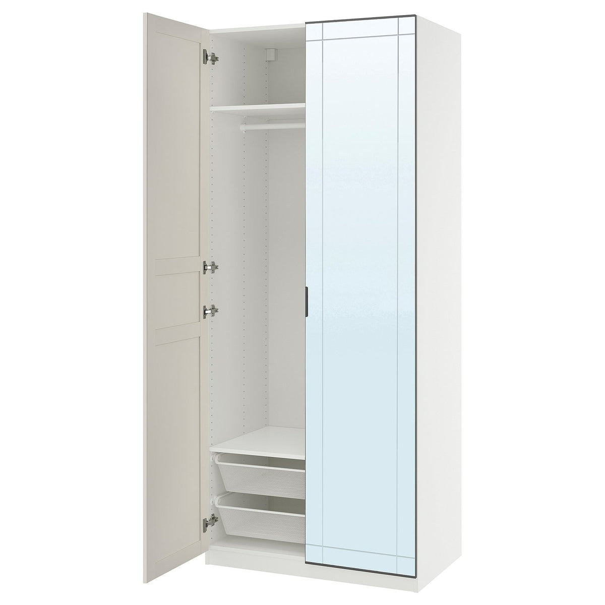 PAX / KAMMARTORP/FLISBERGET wardrobe combination, white mirror glass/grey white, 100x60x236 cm