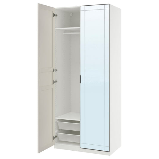 PAX / KAMMARTORP/FLISBERGET wardrobe combination, white mirror glass/grey white, 100x60x236 cm