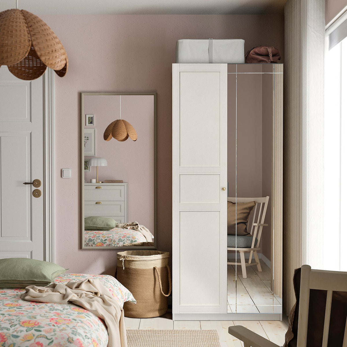 PAX / KAMMARTORP/FLISBERGET wardrobe combination, white mirror glass/grey white, 100x60x201 cm