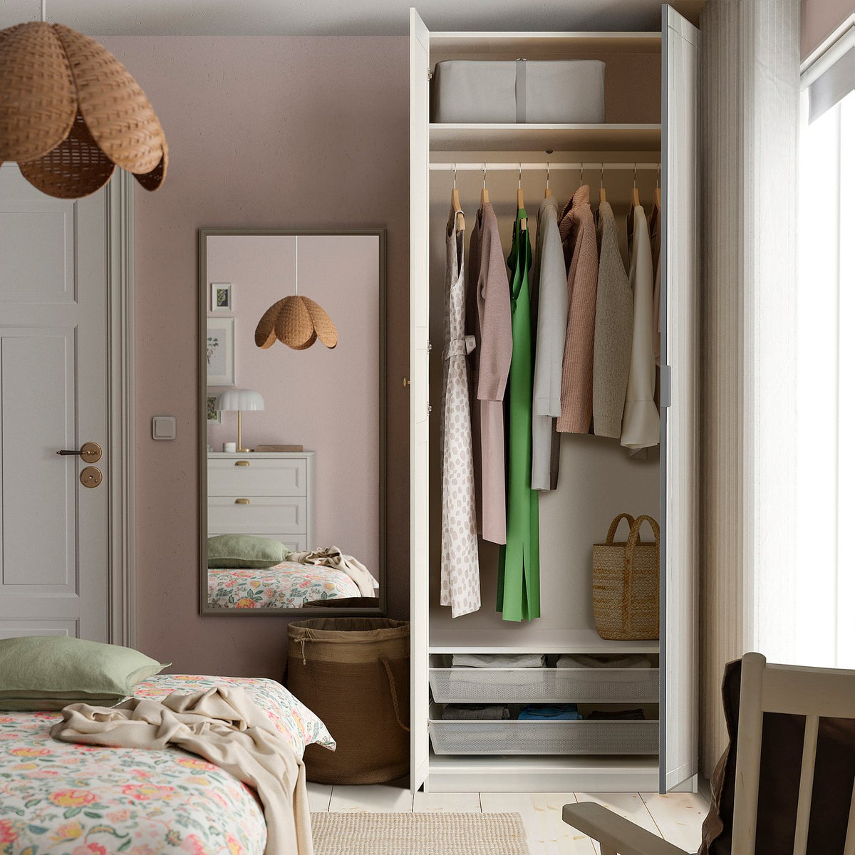 PAX / KAMMARTORP/FLISBERGET wardrobe combination, white mirror glass/grey white, 100x60x236 cm