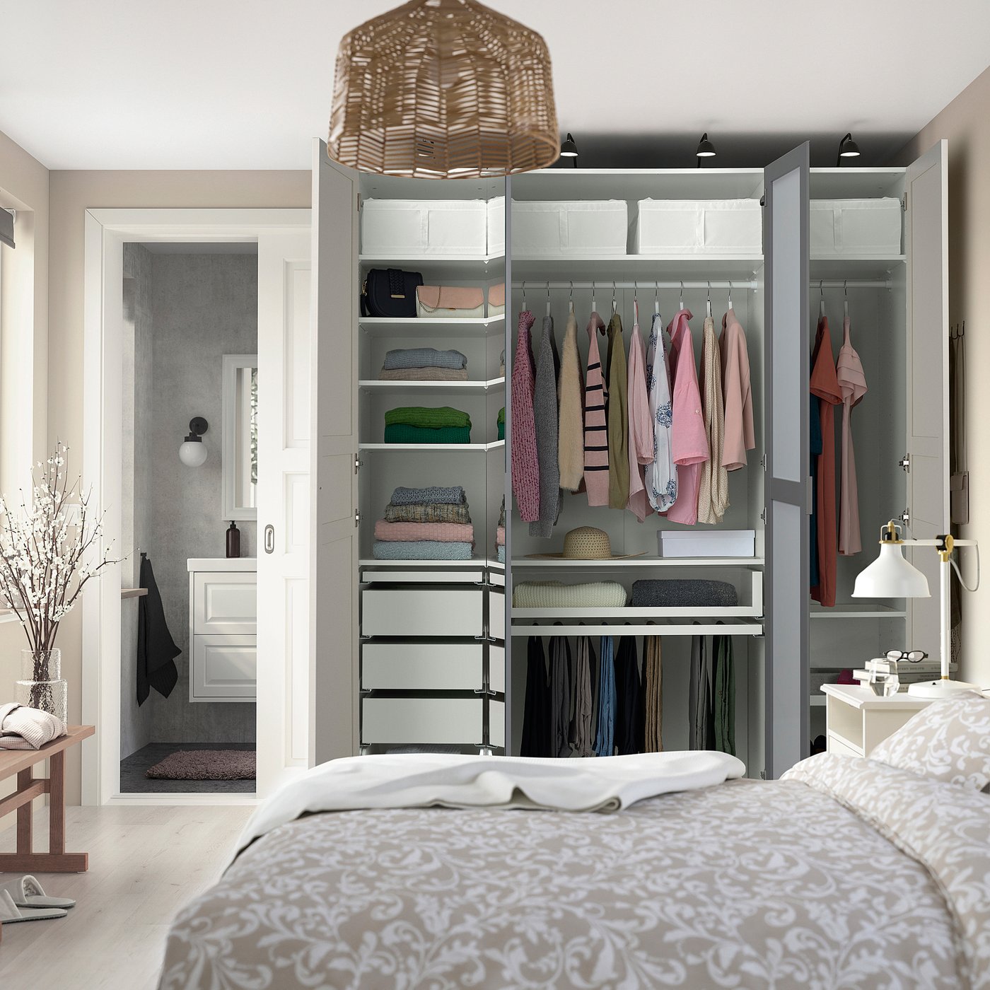 PAX / KAMMARTORP/FLISBERGET wardrobe combination, white mirror glass/grey white, 200x60x236 cm