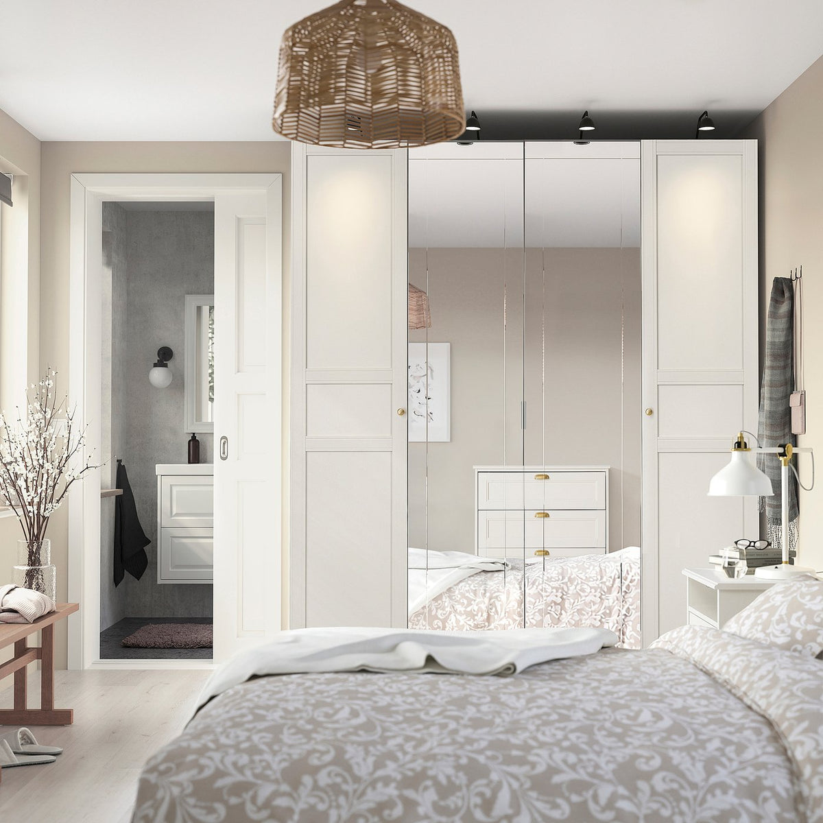 PAX / KAMMARTORP/FLISBERGET wardrobe combination, white mirror glass/grey white, 200x60x236 cm