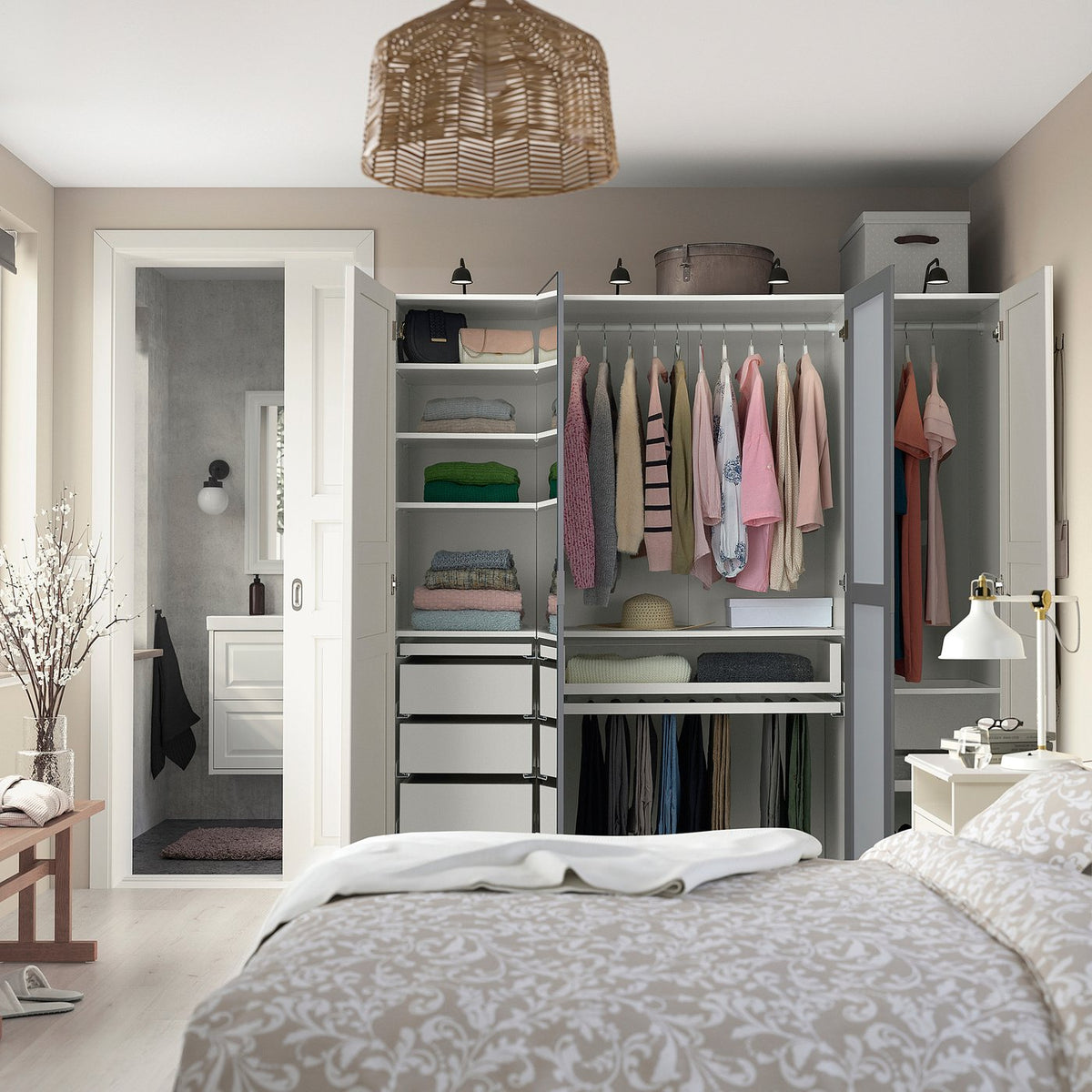PAX / KAMMARTORP/FLISBERGET wardrobe combination, white mirror glass/grey white, 200x60x201 cm