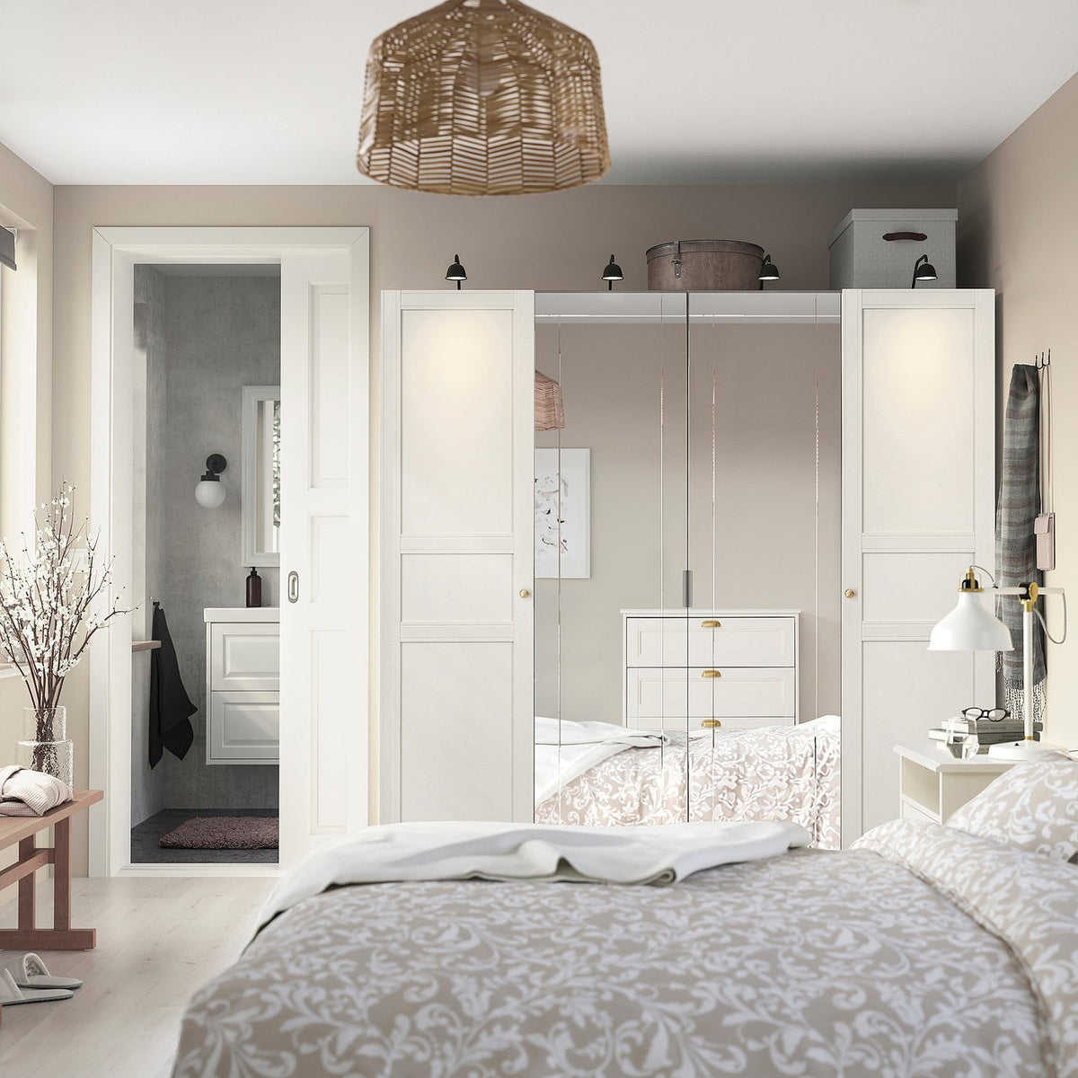 PAX / KAMMARTORP/FLISBERGET wardrobe combination, white mirror glass/grey white, 200x60x201 cm