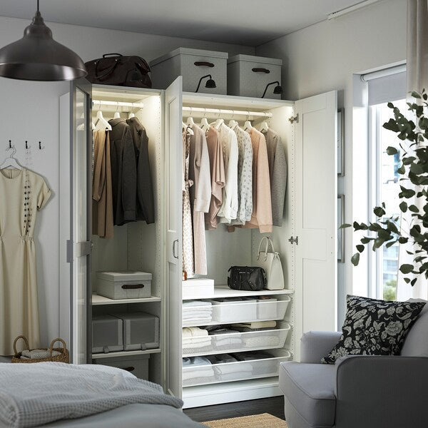 PAX / KAMMARTORP/GRIMO wardrobe combination, white mirror glass/grey white, 150x60x201 cm