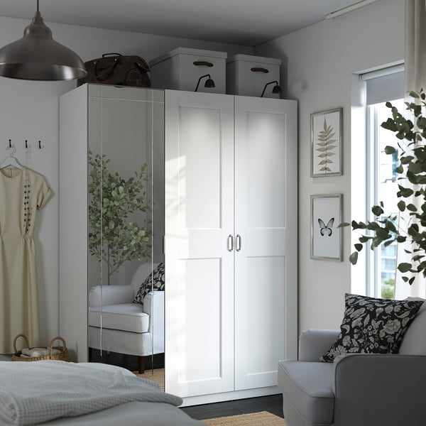 PAX / KAMMARTORP/GRIMO wardrobe combination, white mirror glass/grey white, 150x60x201 cm