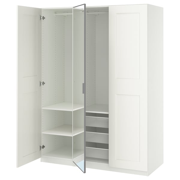 PAX / KAMMARTORP/GRIMO wardrobe combination, white mirror glass/grey white, 150x60x201 cm
