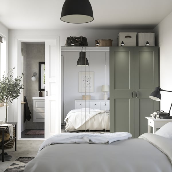 PAX / KAMMARTORP/GRIMO wardrobe combination, white mirror glass/grey grey-green, 200x60x201 cm