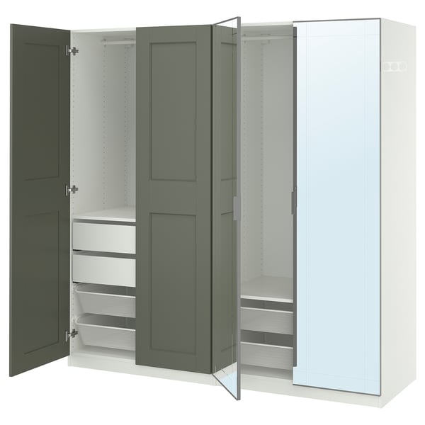 PAX / KAMMARTORP/GRIMO wardrobe combination, white mirror glass/grey grey-green, 200x60x201 cm