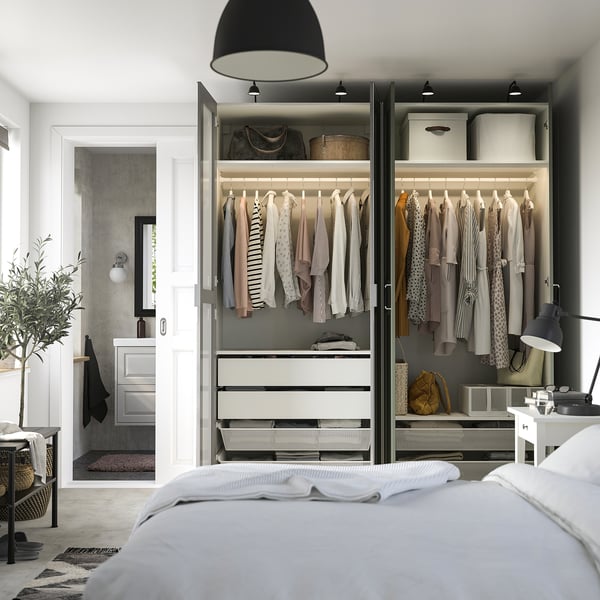 PAX / KAMMARTORP/GRIMO wardrobe combination, white mirror glass/grey grey-green, 200x60x236 cm