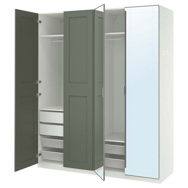 PAX / KAMMARTORP/GRIMO wardrobe combination, white mirror glass/grey grey-green, 200x60x236 cm