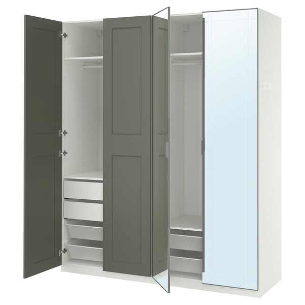 PAX / KAMMARTORP/GRIMO wardrobe combination, white mirror glass/grey grey-green, 200x60x236 cm