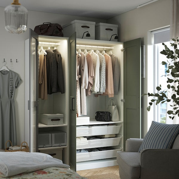 PAX / KAMMARTORP/GRIMO wardrobe combination, white mirror glass/grey grey-green, 150x60x201 cm