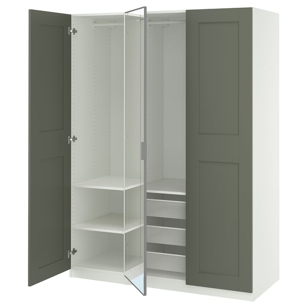 PAX / KAMMARTORP/GRIMO wardrobe combination, white mirror glass/grey grey-green, 150x60x201 cm