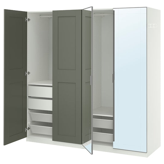 PAX / KAMMARTORP/GRIMO - Wardrobe combination, white/glass mirror gray-green,200x60x201 cm