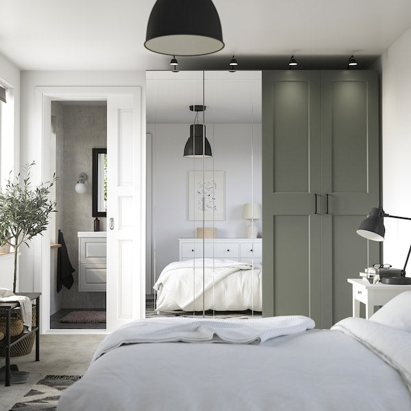 PAX / KAMMARTORP/GRIMO wardrobe combination, white mirror glass/grey grey-green, 200x60x236 cm
