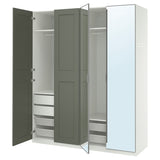 PAX / KAMMARTORP/GRIMO wardrobe combination, white mirror glass/grey grey-green, 200x60x236 cm