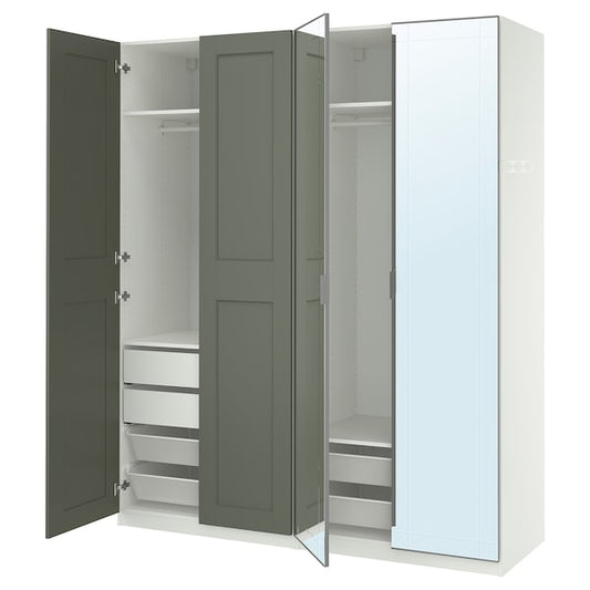 PAX / KAMMARTORP/GRIMO - Wardrobe combination, white/glass mirror gray-green,200x60x236 cm