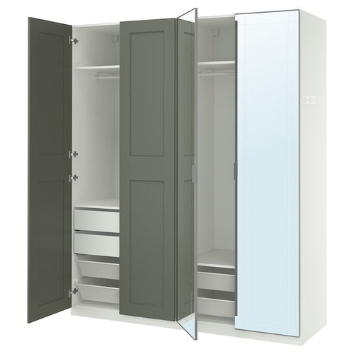 PAX / KAMMARTORP/GRIMO - Wardrobe combination, white/glass mirror gray-green,200x60x236 cm