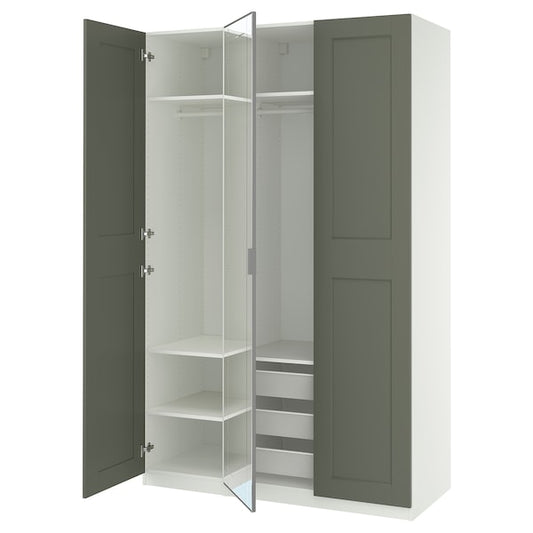 PAX / KAMMARTORP/GRIMO - Wardrobe combination, white/glass mirror gray-green,150x60x236 cm