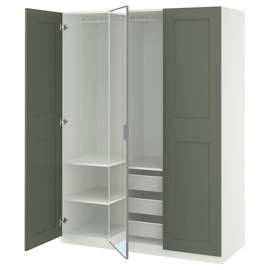 PAX / KAMMARTORP/GRIMO - Wardrobe combination, white/glass mirror gray-green,150x60x201 cm