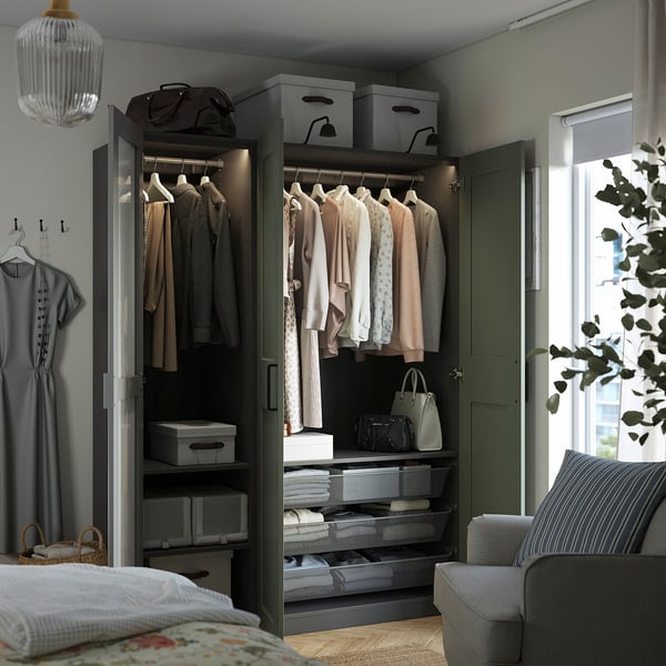 PAX / KAMMARTORP/GRIMO wardrobe combination, dark grey mirror glass/grey grey-green, 150x60x201 cm