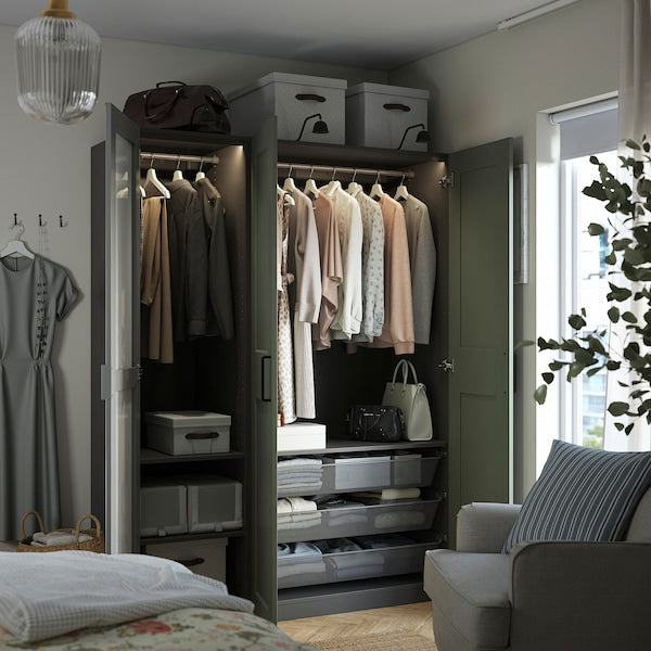 PAX / KAMMARTORP/GRIMO wardrobe combination, dark grey mirror glass/grey grey-green, 150x60x201 cm