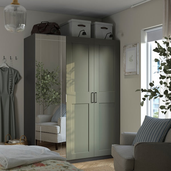PAX / KAMMARTORP/GRIMO wardrobe combination, dark grey mirror glass/grey grey-green, 150x60x201 cm