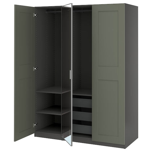 PAX / KAMMARTORP/GRIMO - Wardrobe combination, dark gray/glass mirror gray-green,150x60x201 cm