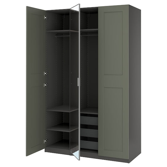 PAX / KAMMARTORP/GRIMO - Wardrobe combination, dark gray/glass mirror gray-green,150x60x236 cm