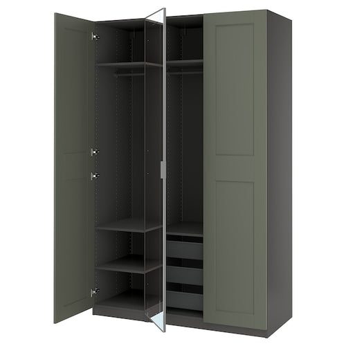 PAX / KAMMARTORP/GRIMO - Wardrobe combination, dark gray/glass mirror gray-green,150x60x236 cm