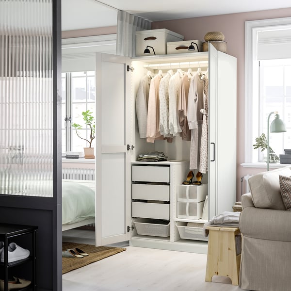 PAX / KAMMARTORP/GULLABERG wardrobe combination, white mirror glass/grey white, 100x60x201 cm