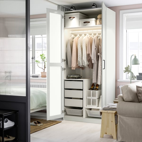 PAX / KAMMARTORP/GULLABERG wardrobe combination, white mirror glass/grey white, 100x60x236 cm