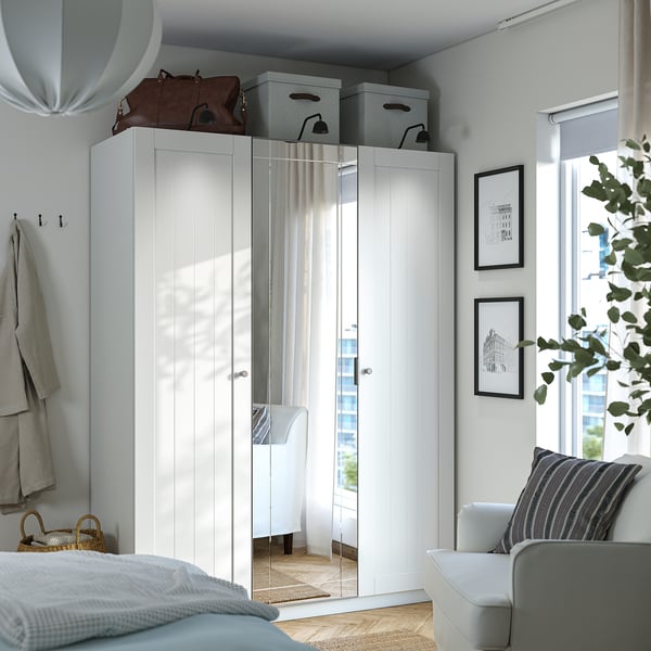 PAX / KAMMARTORP/GULLABERG wardrobe combination, white mirror glass/grey white, 150x60x201 cm