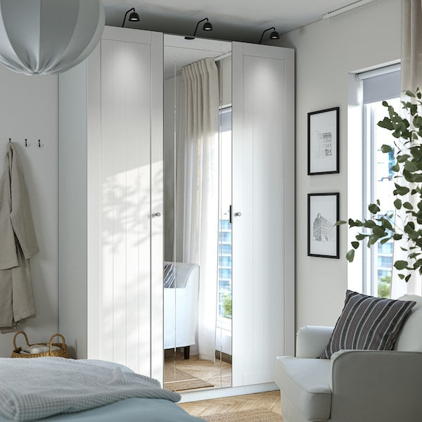 PAX / KAMMARTORP/GULLABERG wardrobe combination, white mirror glass/grey white, 150x60x236 cm