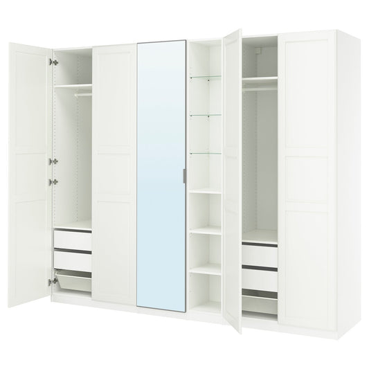 PAX / KAMMARTORP/TYSSEDAL wardrobe combination, white mirror glass/grey white, 285x236x60 cm