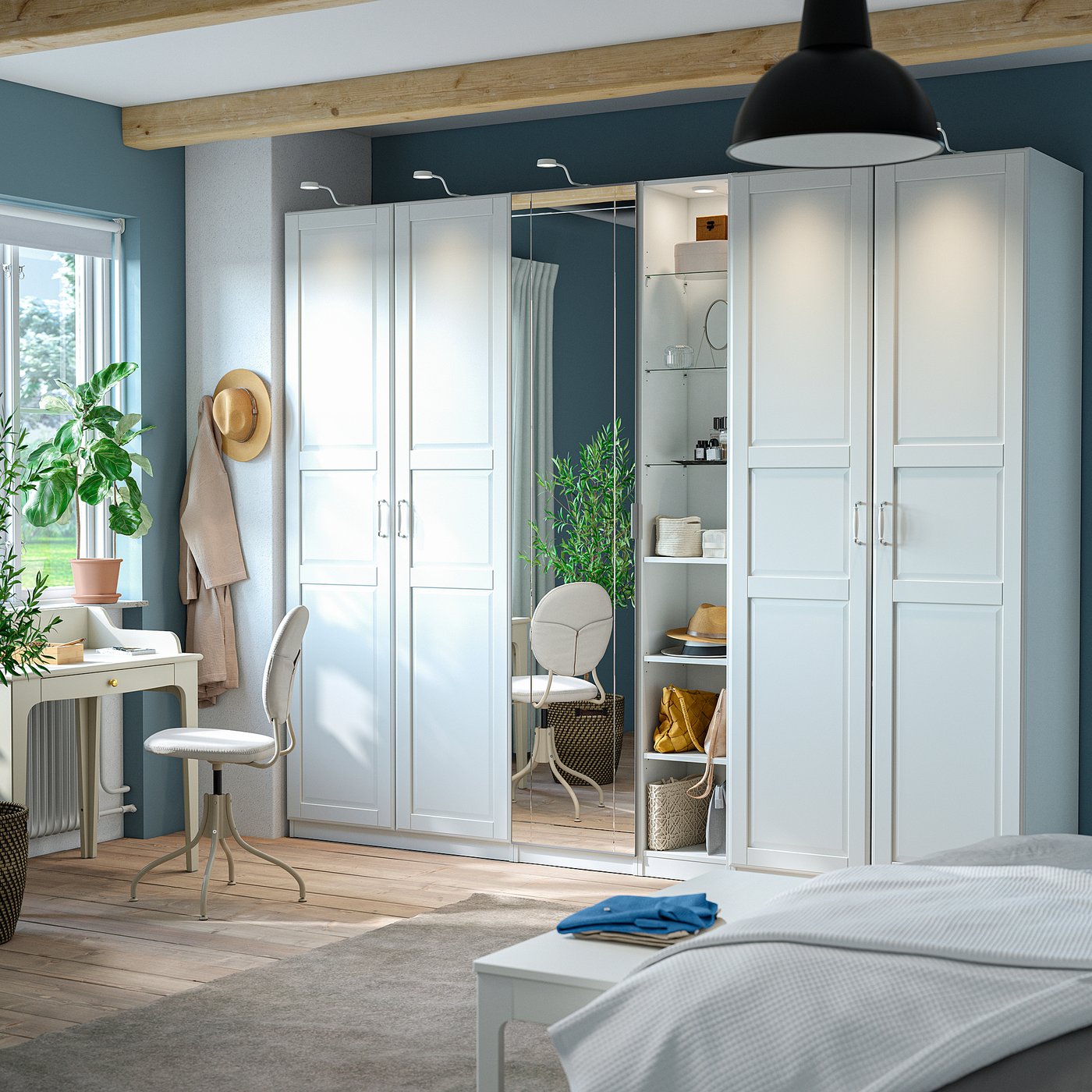 PAX / KAMMARTORP/TYSSEDAL wardrobe combination, white mirror glass/grey white, 285x60x236 cm