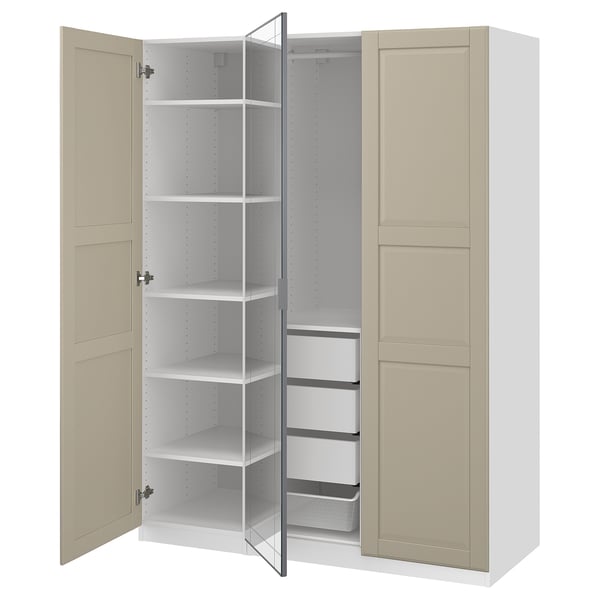 PAX / KAMMARTORP/TYSSEDAL wardrobe combination, white mirror glass/grey grey-beige, 150x60x201 cm