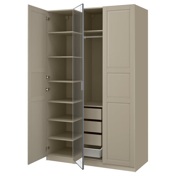 PAX / KAMMARTORP/TYSSEDAL wardrobe combination, grey-beige/grey-beige mirror glass, 150x60x236 cm