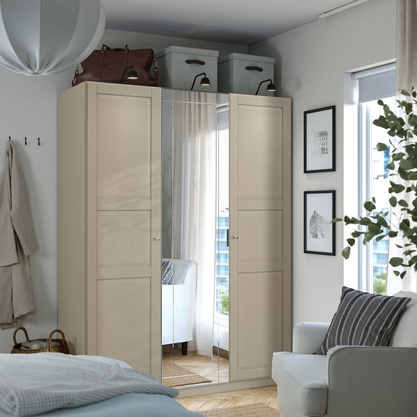 PAX / KAMMARTORP/TYSSEDAL wardrobe combination, grey-beige/grey-beige mirror glass, 150x60x201 cm