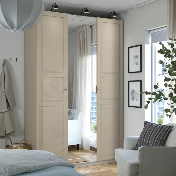 PAX / KAMMARTORP/TYSSEDAL wardrobe combination, grey-beige/grey-beige mirror glass, 150x60x236 cm