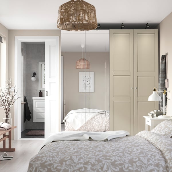 PAX / KAMMARTORP/TYSSEDAL wardrobe combination, white mirror glass/grey grey-beige, 200x66x236 cm