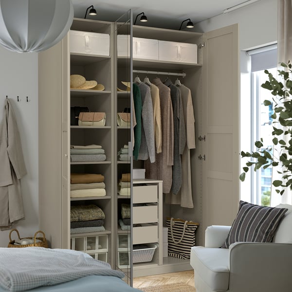 PAX / KAMMARTORP/TYSSEDAL wardrobe combination, grey-beige/grey-beige mirror glass, 150x60x236 cm