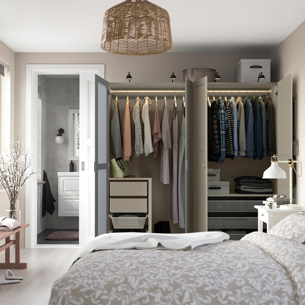 PAX / KAMMARTORP/TYSSEDAL wardrobe combination, white mirror glass/grey grey-beige, 200x66x201 cm