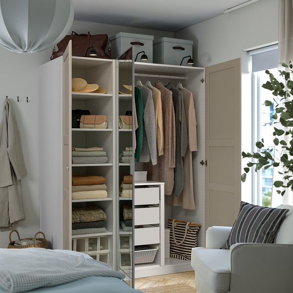 PAX / KAMMARTORP/TYSSEDAL wardrobe combination, white mirror glass/grey grey-beige, 150x60x201 cm