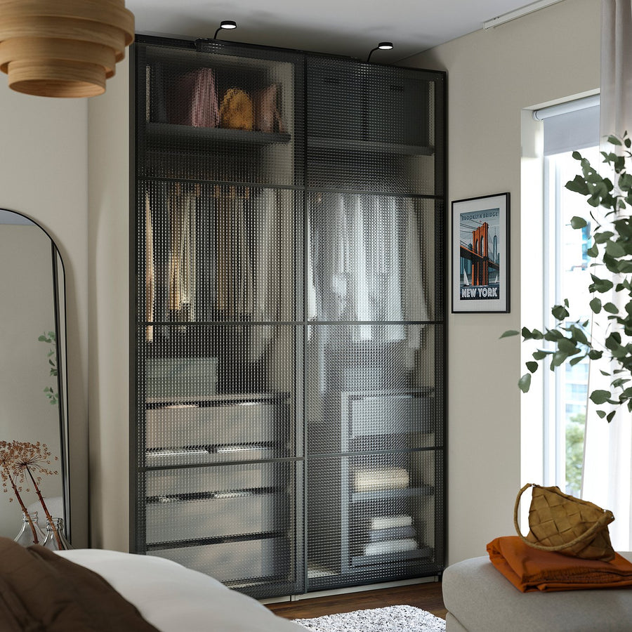 PAX / LUNDBRÄSMA wardrobe with sliding doors, grey-beige black/checkered glass dark grey, 150x66x236 cm