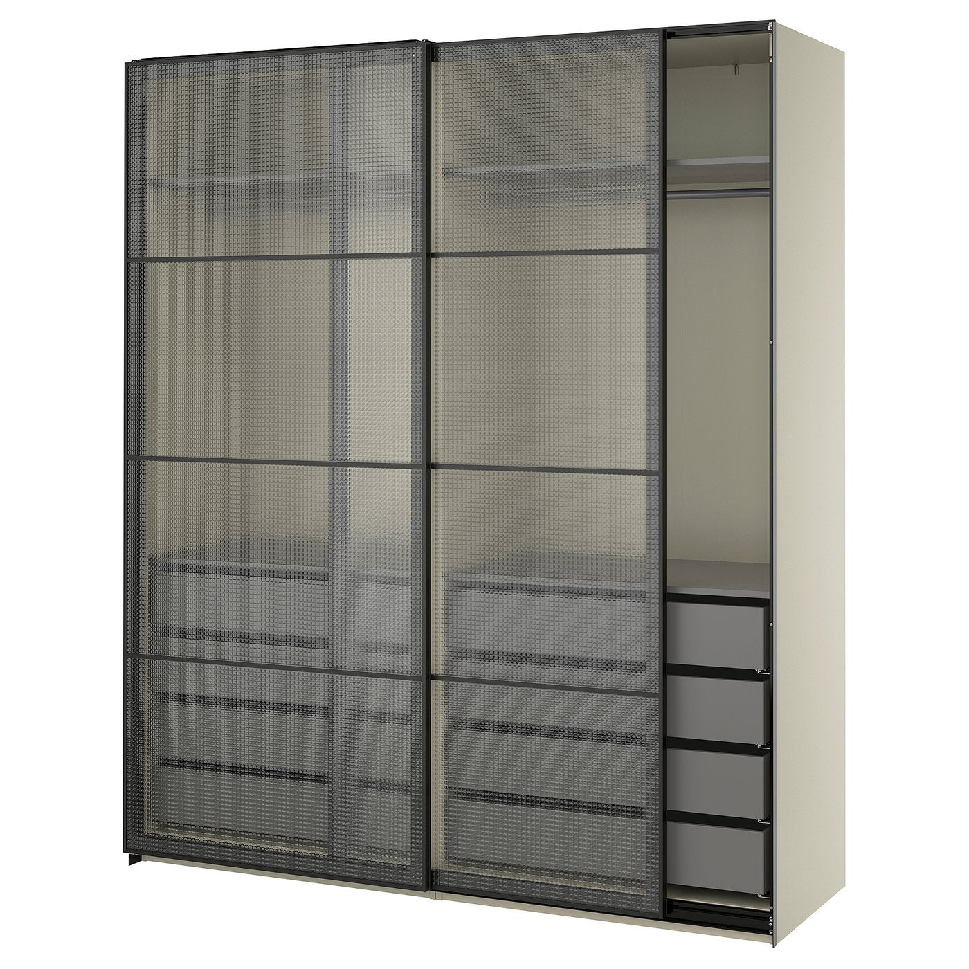 PAX / LUNDBRÄSMA wardrobe with sliding doors, grey-beige black/checkered glass dark grey, 200x66x236 cm