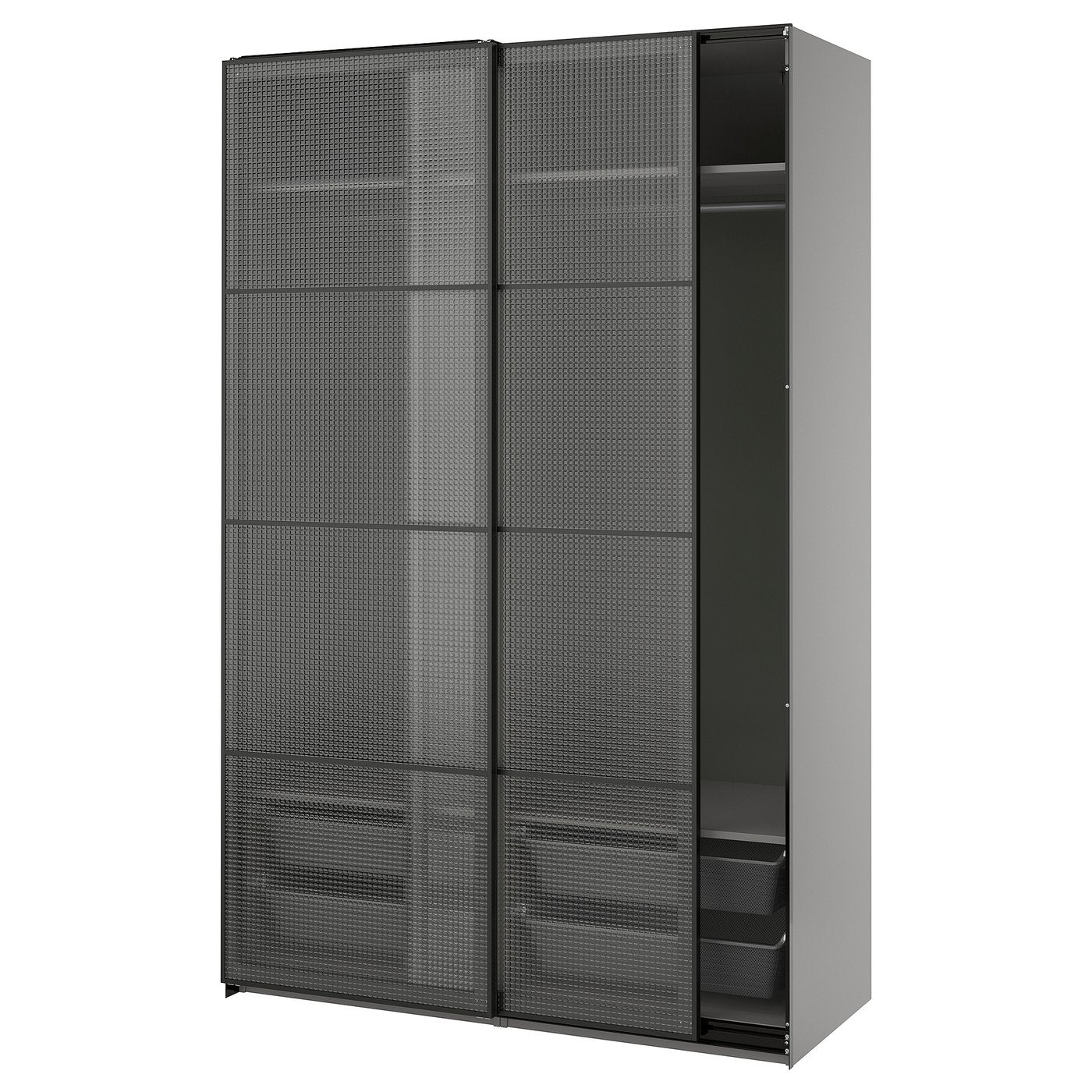 PAX / LUNDBRÄSMA wardrobe with sliding doors, dark grey black/checkered glass, 150x66x236 cm