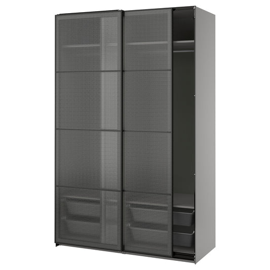 PAX / LUNDBRÄSMA wardrobe with sliding doors, dark grey black/checkered glass, 150x66x236 cm